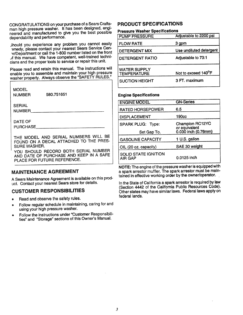 Product specifications, Maintenance agreement, Customer responsibilities | Craftsman 580.751651 User Manual | Page 3 / 29