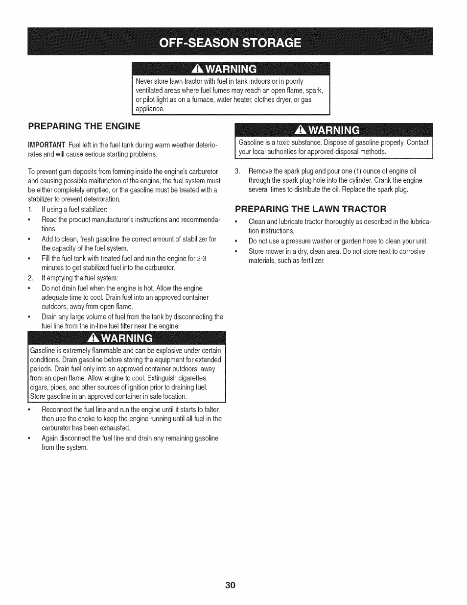 Preparing the engine, Preparing the lawn tractor, Off-season storag | Craftsman 247.28933 User Manual | Page 126 / 192