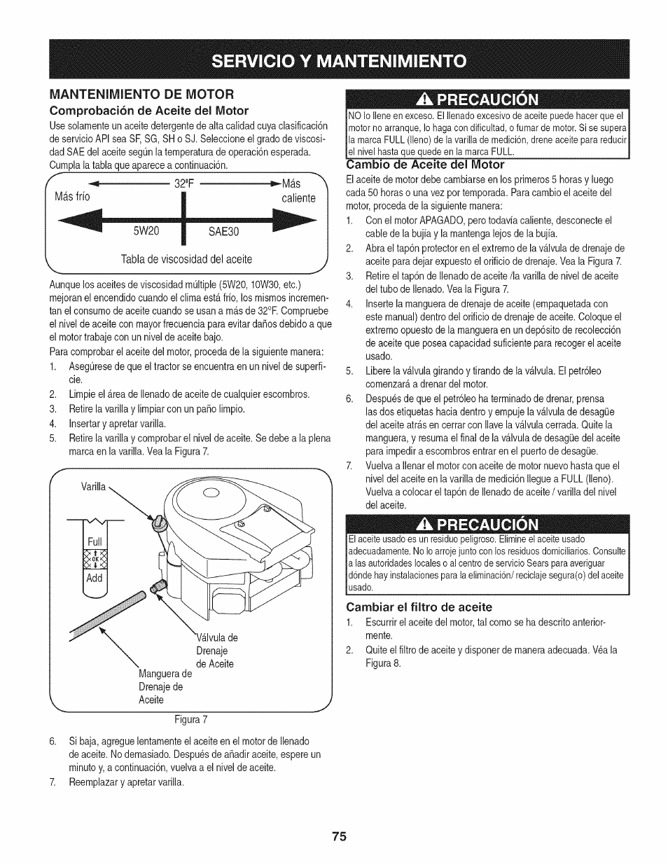 A precaución, Cambiar el filtro de aceite, Servicio y mantenimient | Precaución | Craftsman 247.28933 User Manual | Page 171 / 192
