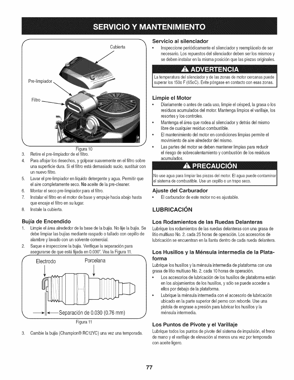 Bujía de encendido, Servicio al silenciador, A advertencia | Limpie el motor, A precaución, Ajuste del carburador, Lubricación, Los rodamientos de las ruedas delanteras, Los puntos de pivote y el varillaje, Servicio y mantenimiento | Craftsman 247.28933 User Manual | Page 173 / 192