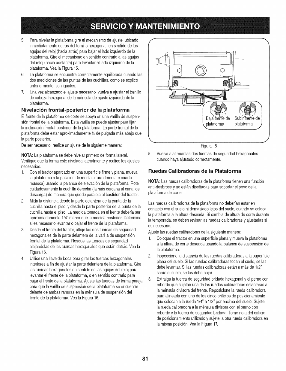 Nivelación frontal-posterior de la plataforma, Ruedas calibradoras de la plataforma, Servicio y mantenimiento | Craftsman 247.28933 User Manual | Page 177 / 192