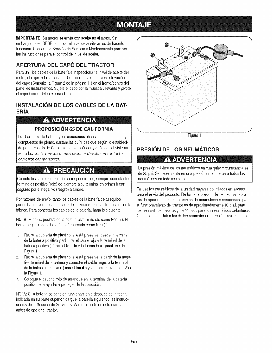 Montaje, Apertura del capó del tractor, Instalación de los cables de la batería | A advertencia, Proposición 65 de california, Advertencia, Precaución | Craftsman 247.28933 User Manual | Page 65 / 192