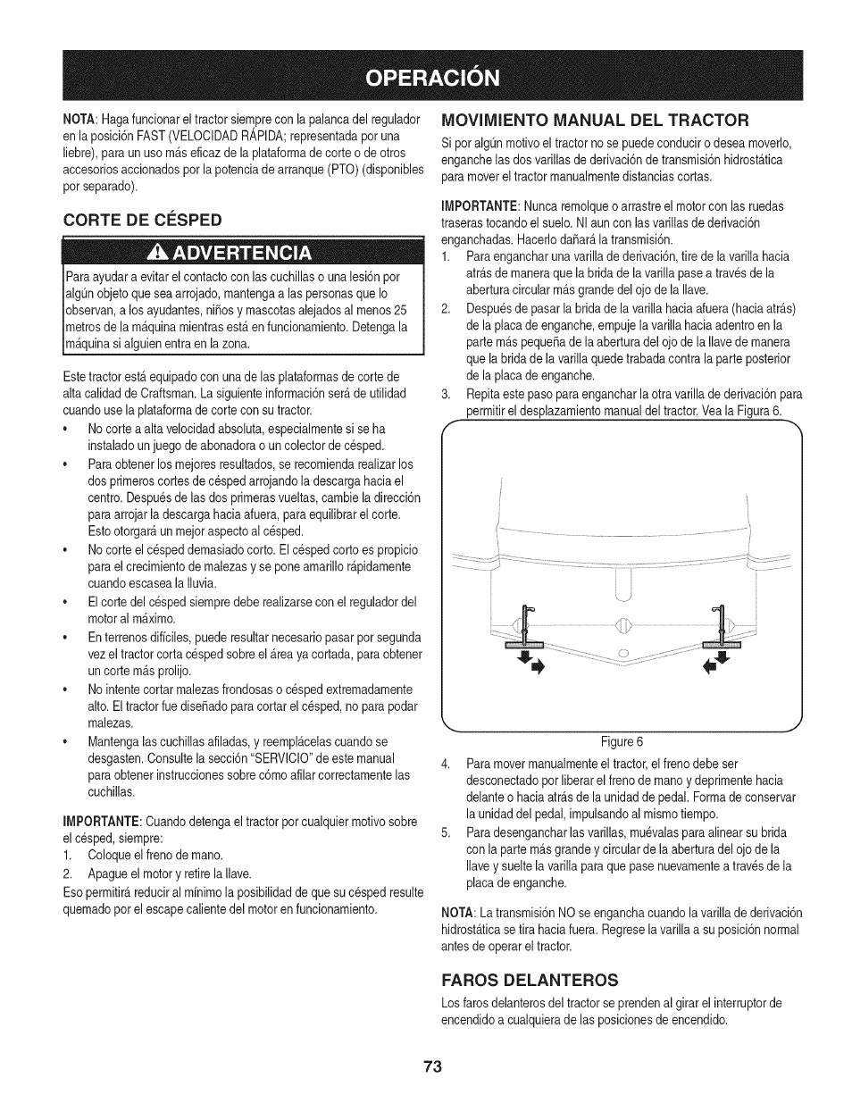 Corte de césped, A advertencia, Movimiento manual del tractor | Faros delanteros, Operacion, Advertencia | Craftsman 247.28933 User Manual | Page 73 / 192