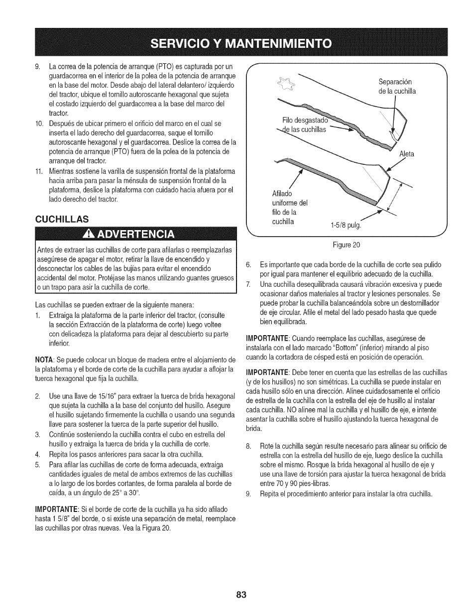 Cuchillas, A advertencia, Servicio y mantenimiento | Advertencia | Craftsman 247.28933 User Manual | Page 83 / 192