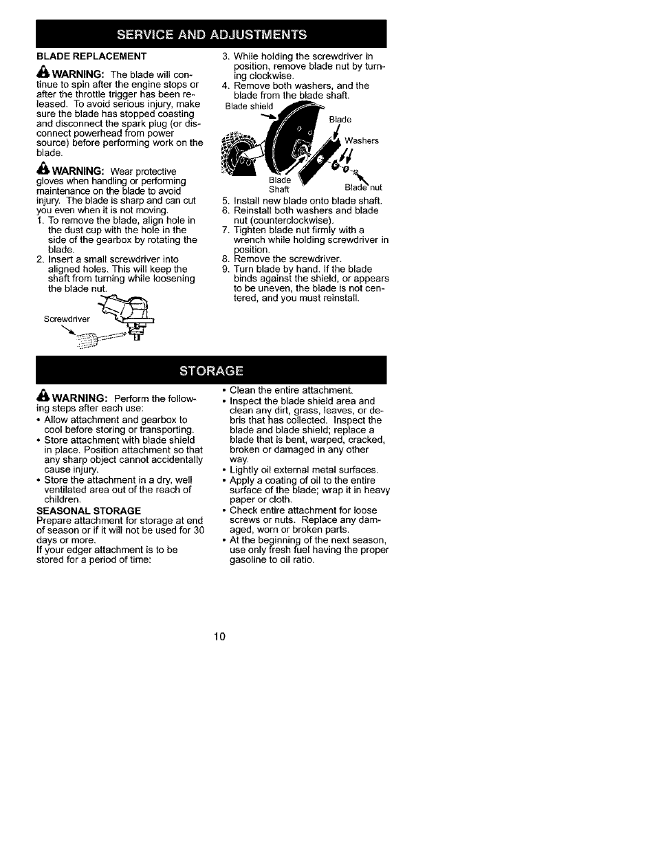 Storage, Warning | Craftsman 358.792401 User Manual | Page 10 / 21