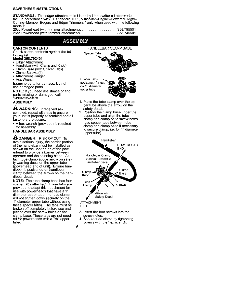 Warning, Danger | Craftsman 358.792401 User Manual | Page 6 / 21