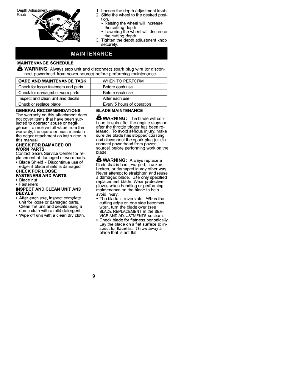 Aintenance, Warning, Á warning | Craftsman 358.792401 User Manual | Page 9 / 21