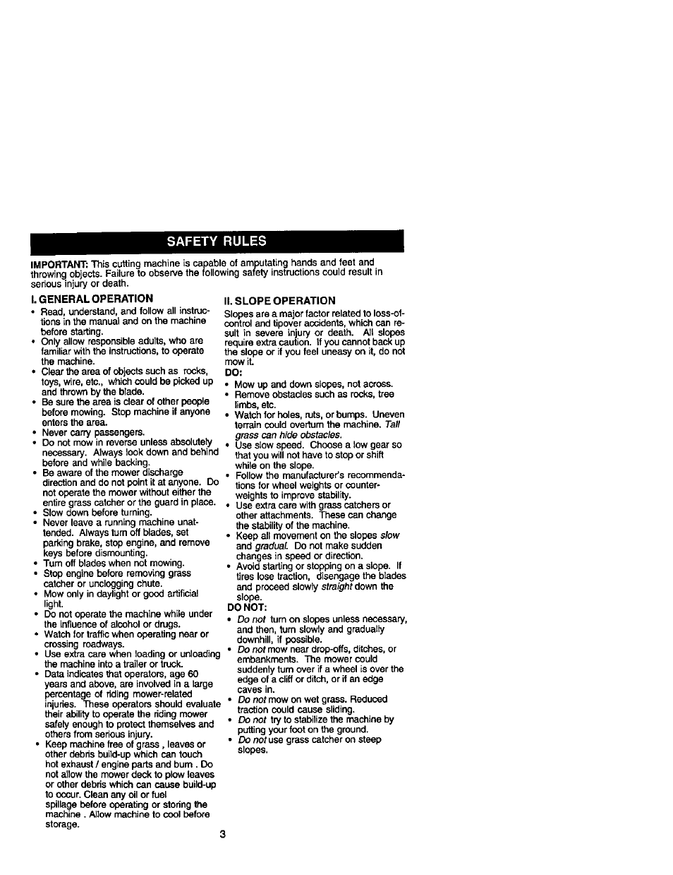I. general operation, Ii. slope operation, Safety rules | Craftsman 917.274990 User Manual | Page 3 / 60