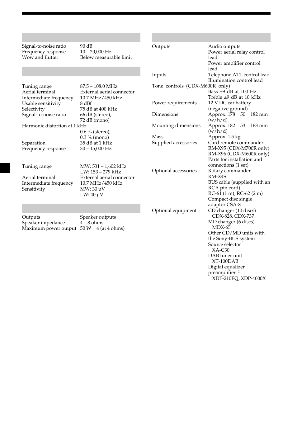 40 specifications, General | Sony CDX-M700R User Manual | Page 40 / 212