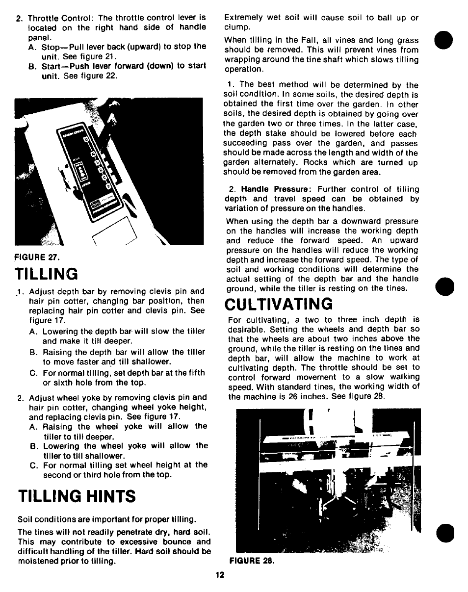 Tilling, Tilling hints, Cultivating | Craftsman 247.298760 User Manual | Page 12 / 28