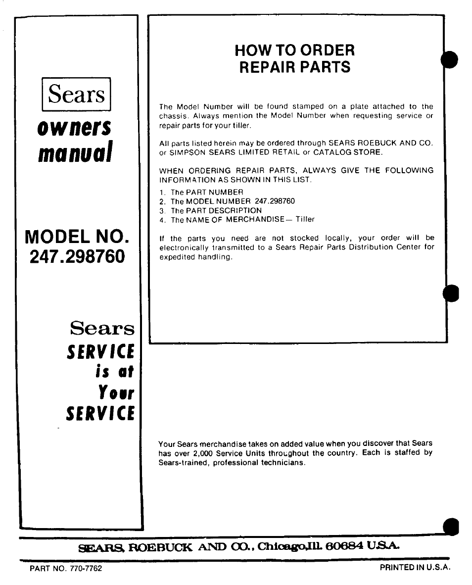 How to order repair parts, Sbara roebuck and go.» chicsaeojll 60684 ujsla, Owners manual | Service is at yoar service, Sears | Craftsman 247.298760 User Manual | Page 28 / 28