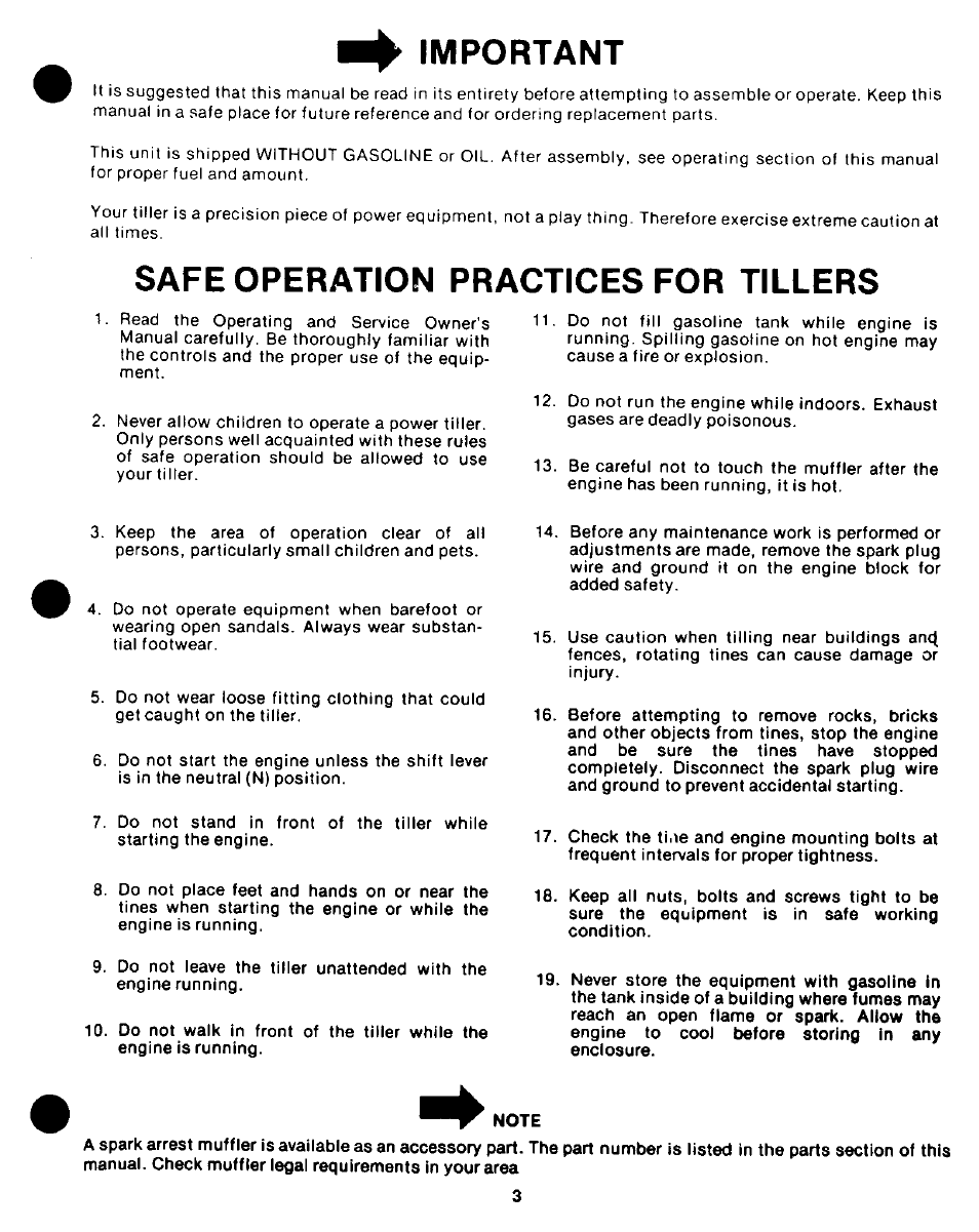 Important, Safe operation practices for tillers | Craftsman 247.298760 User Manual | Page 3 / 28