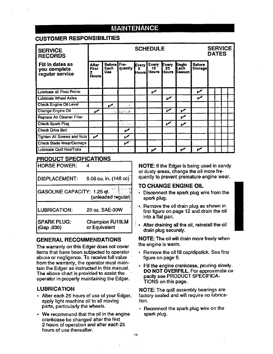 Maintenance | Craftsman 536.797400 User Manual | Page 11 / 17