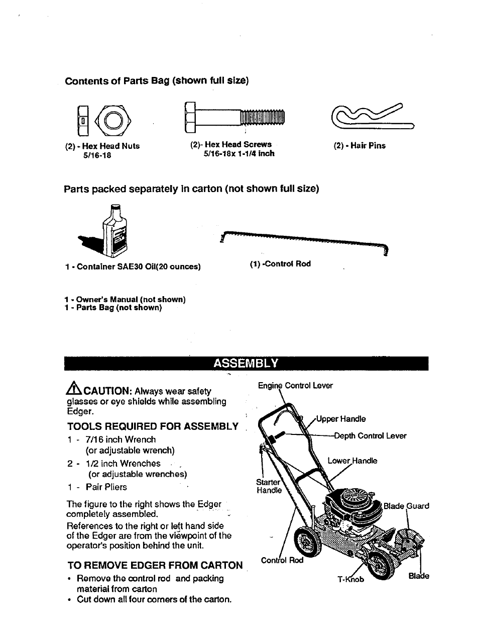 Contents of parts bag (shown full size), Assembly | Craftsman 536.797400 User Manual | Page 4 / 17