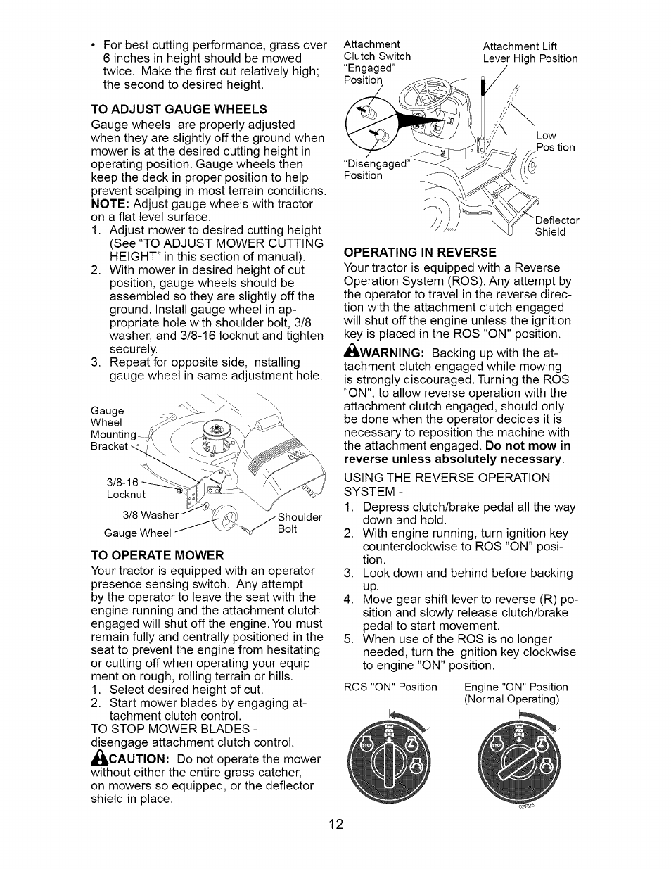 To adjust gauge wheels, To operate mower, Operating in reverse | Craftsman 917.275632 User Manual | Page 12 / 52