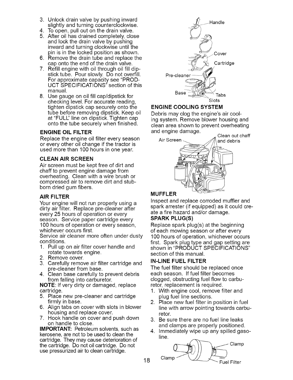 Engine oil filter, Clean air screen, Air filter | Spark plug(s) | Craftsman 917.275632 User Manual | Page 18 / 52