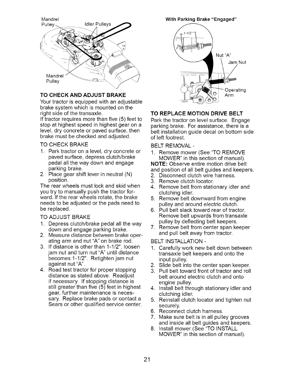 To check and adjust brake, To replace motion drive belt | Craftsman 917.275632 User Manual | Page 21 / 52