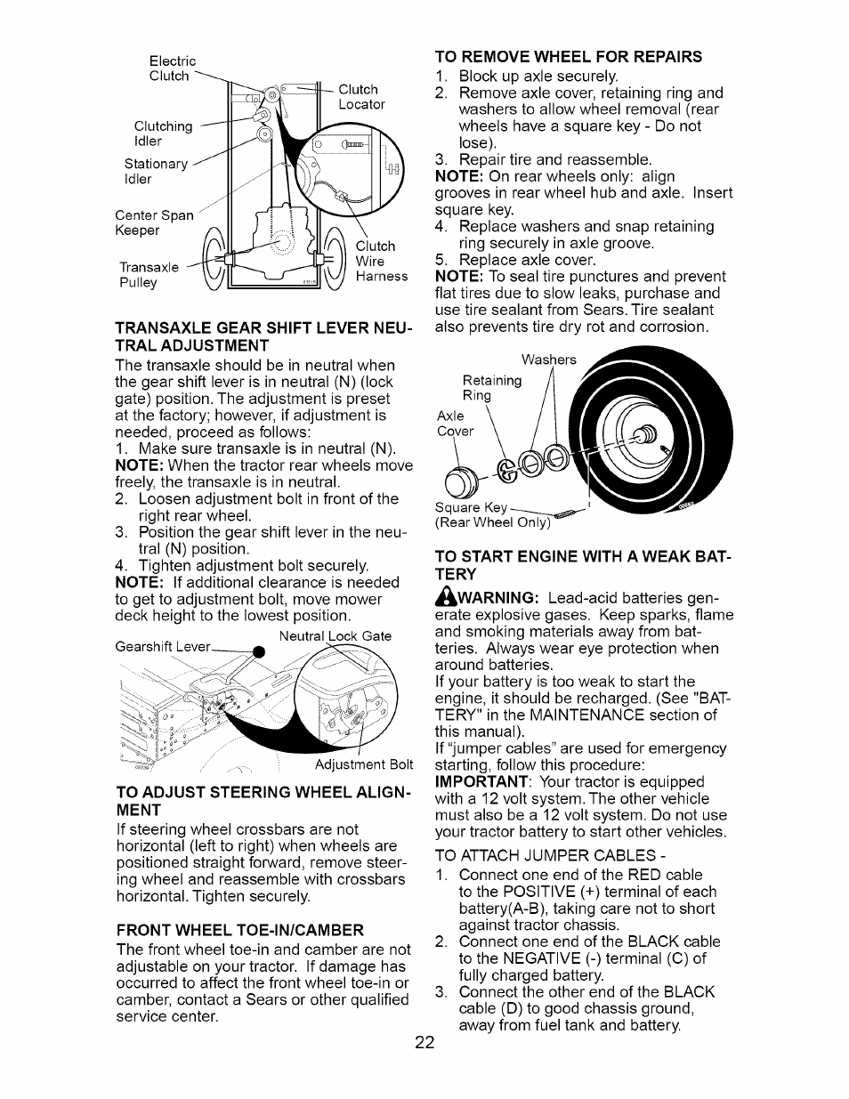 Transaxle gear shift lever neutral adjustment, To adjust steering wheel alignment, Front wheel toe-in/camber | To remove wheel for repairs, To start engine with a weak battery | Craftsman 917.275632 User Manual | Page 22 / 52