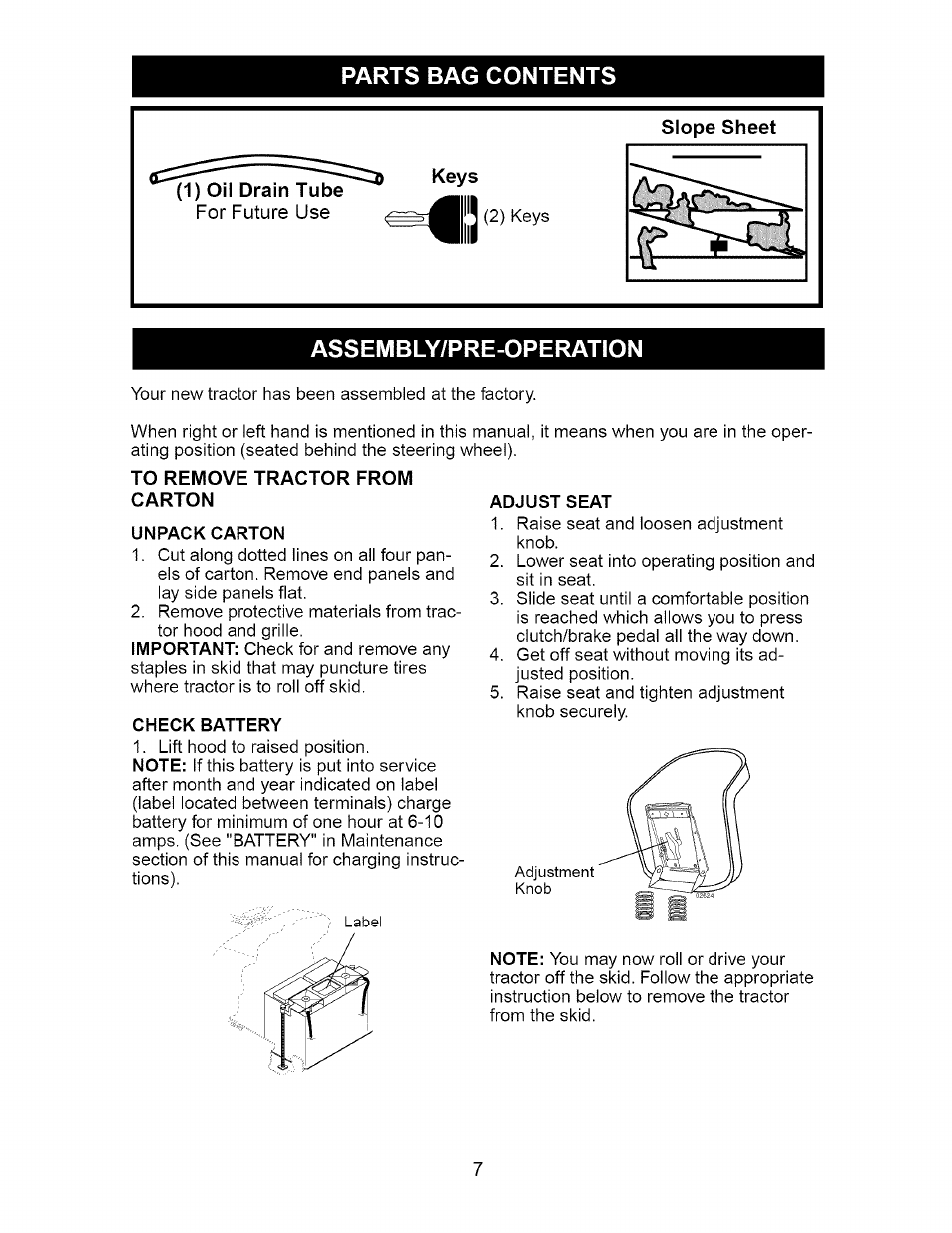 Parts bag contents, Assembly/pre-operation, Unpack carton | Check battery, Adjust seat | Craftsman 917.275632 User Manual | Page 7 / 52