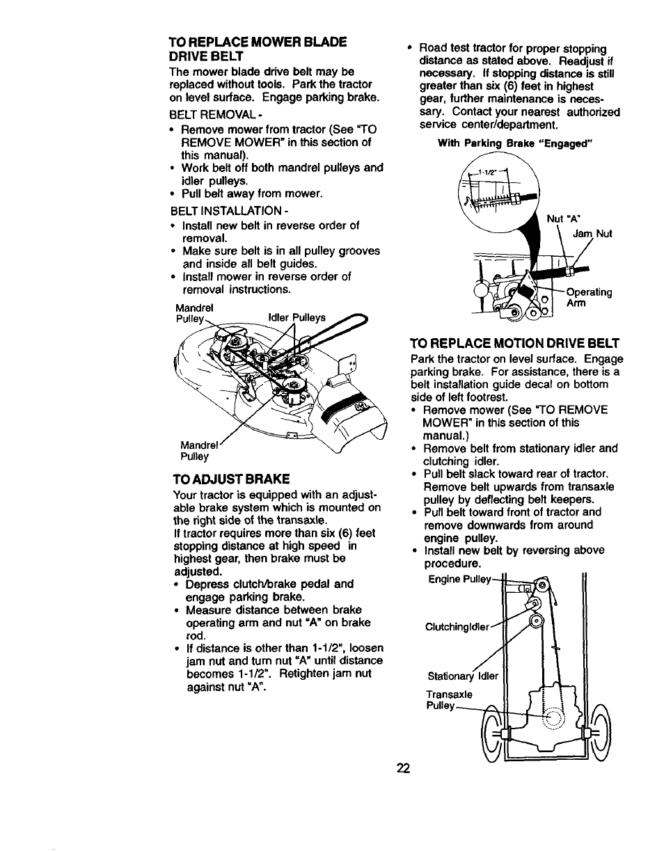 To replace mower blade, Drive belt, To adjust brake | To replace motion drive belt | Craftsman 917.271130 User Manual | Page 22 / 60