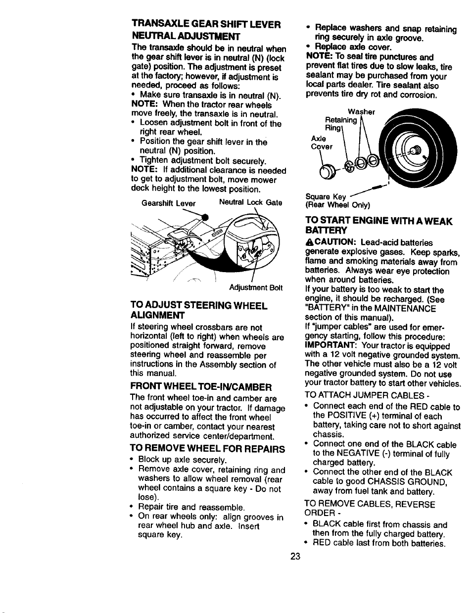 Transaxle gear shift lever neutral adjustment, To adjust steering wheel alignment, Front wheel toe-in/camber | To remove wheel for repairs, To start engine with a weak battery | Craftsman 917.271130 User Manual | Page 23 / 60