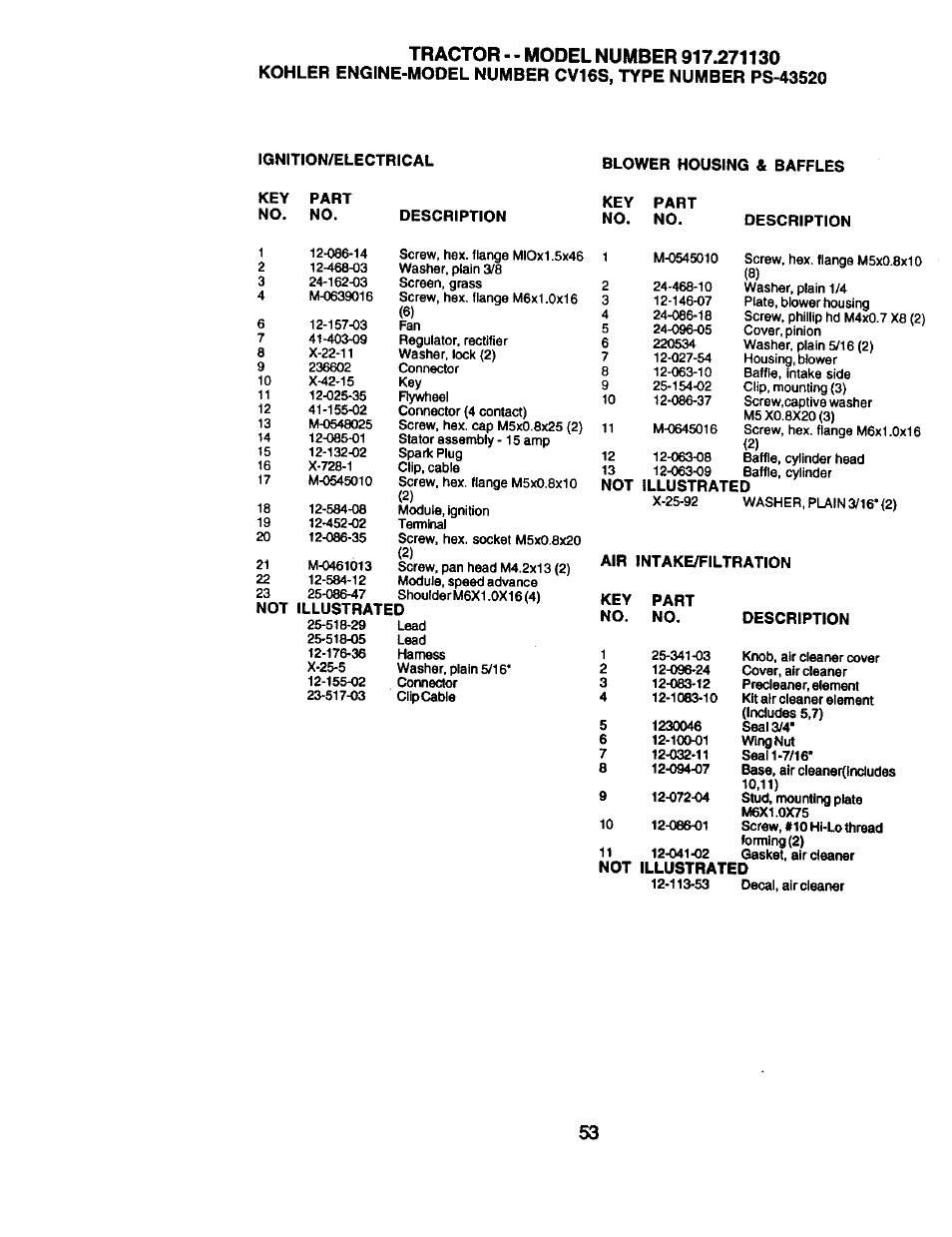 Ignition/electrical, Description, Key part no. no | Air intake/filtration, Not illustrated | Craftsman 917.271130 User Manual | Page 53 / 60