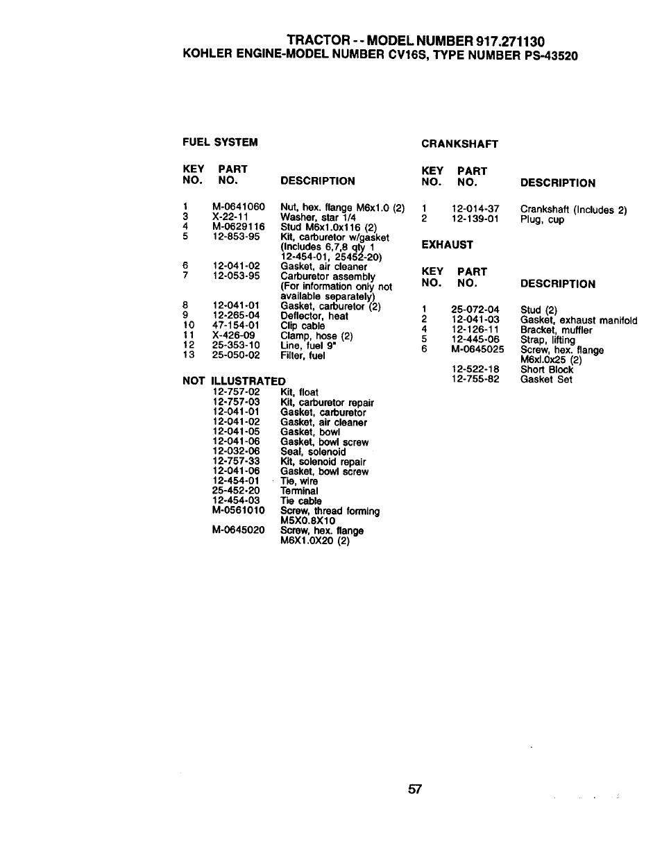 Fuel system, Crankshaft, Key part no. no | Description, Not illustrated, Exhaust | Craftsman 917.271130 User Manual | Page 57 / 60