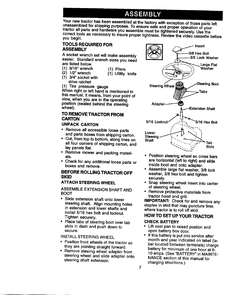 Assembly, Tools required for assembly, To remove tractor from carton | Before rolling tractor off skid | Craftsman 917.271130 User Manual | Page 7 / 60