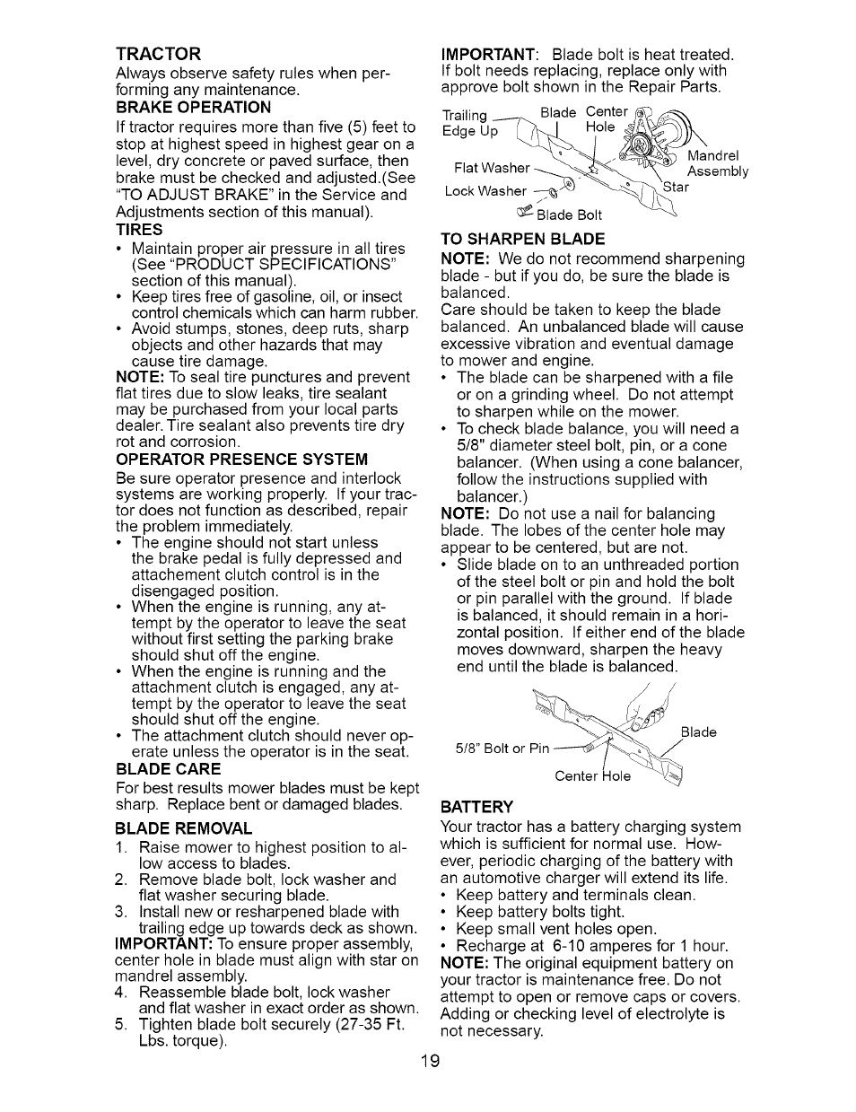 Tires, Operator presence system, Blade care | Blade removal, To sharpen blade, Battery | Craftsman 917.273648 User Manual | Page 19 / 56