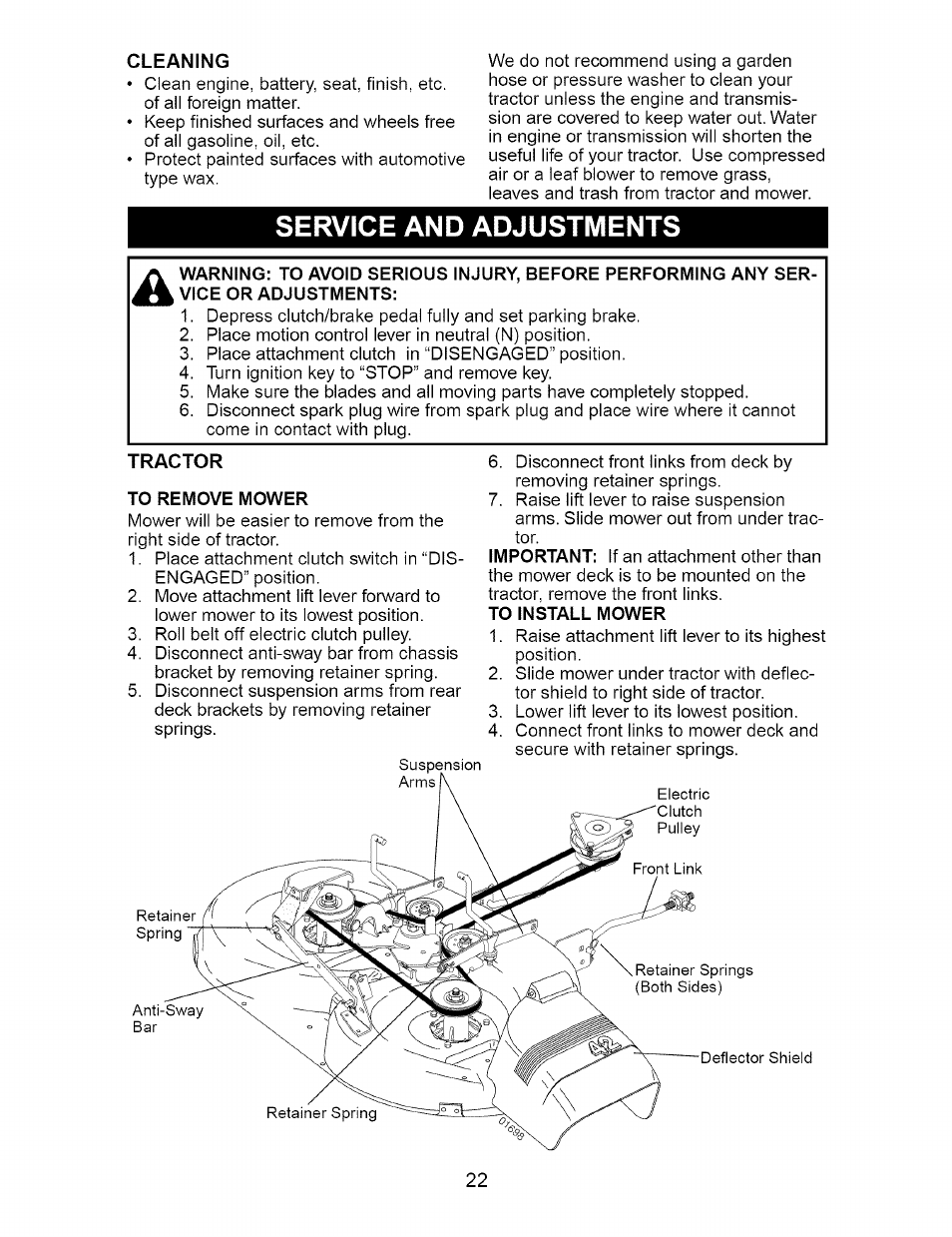 Service and adjustments, To remove mower, To install mower | Craftsman 917.273648 User Manual | Page 22 / 56