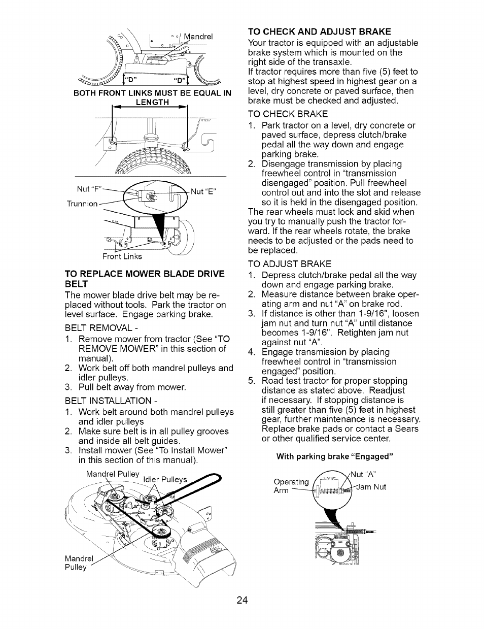 To replace mower blade drive belt, To check and adjust brake | Craftsman 917.273648 User Manual | Page 24 / 56