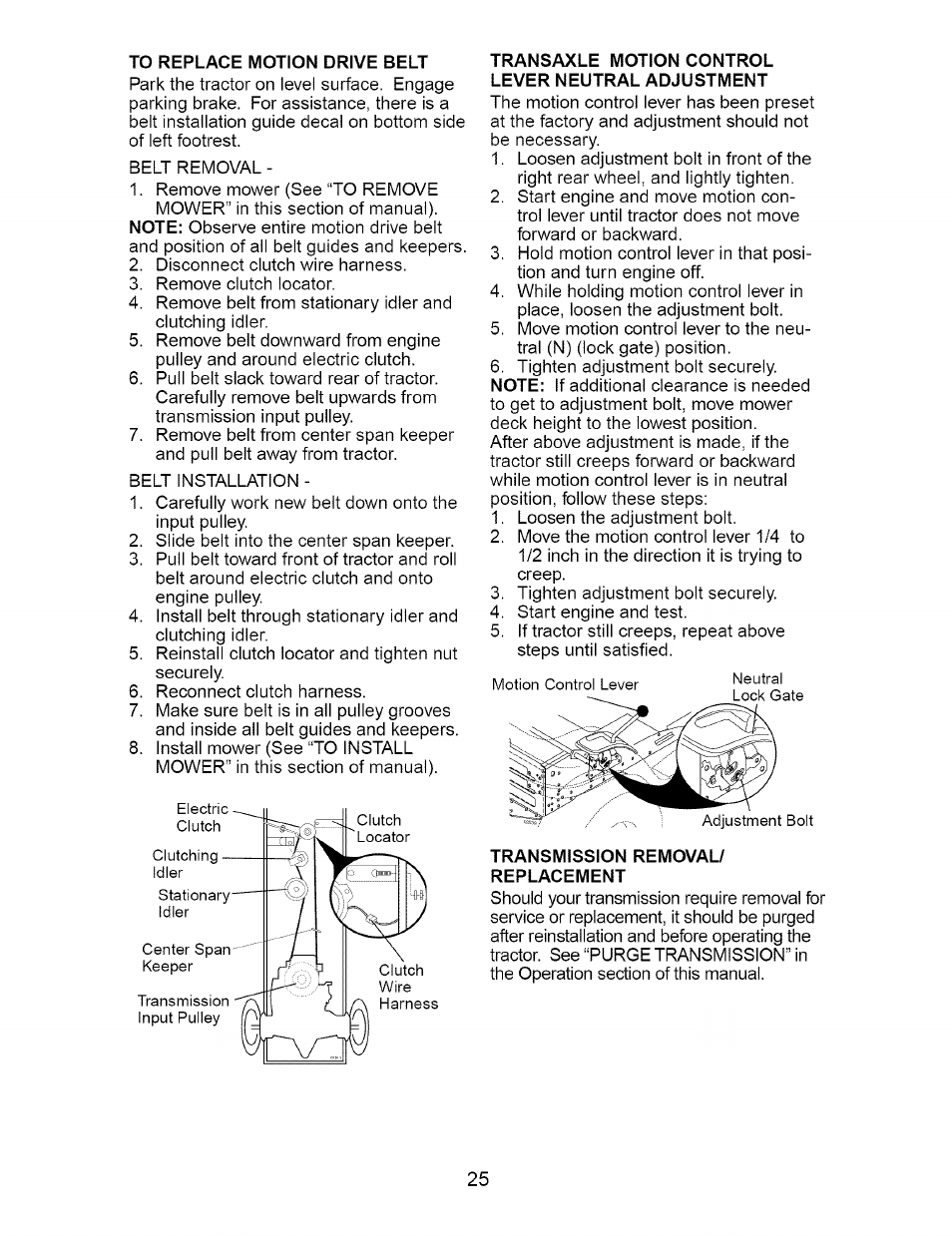 To replace motion drive belt, Transaxle motion control lever neutral adjustment, Transmission removal/ replacement | Craftsman 917.273648 User Manual | Page 25 / 56