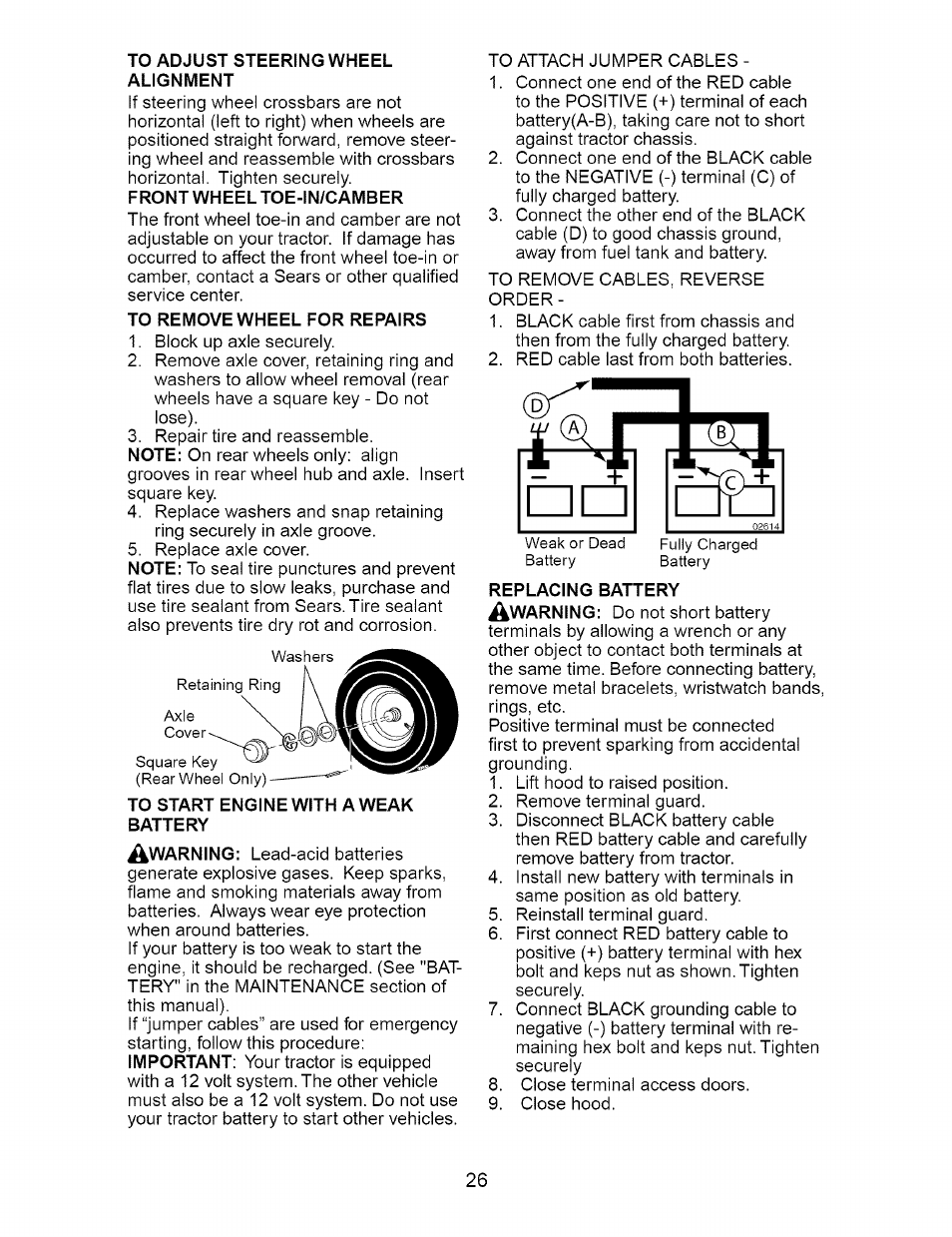 To adjust steering wheel alignment, To remove wheel for repairs, To start engine with a weak battery | Craftsman 917.273648 User Manual | Page 26 / 56