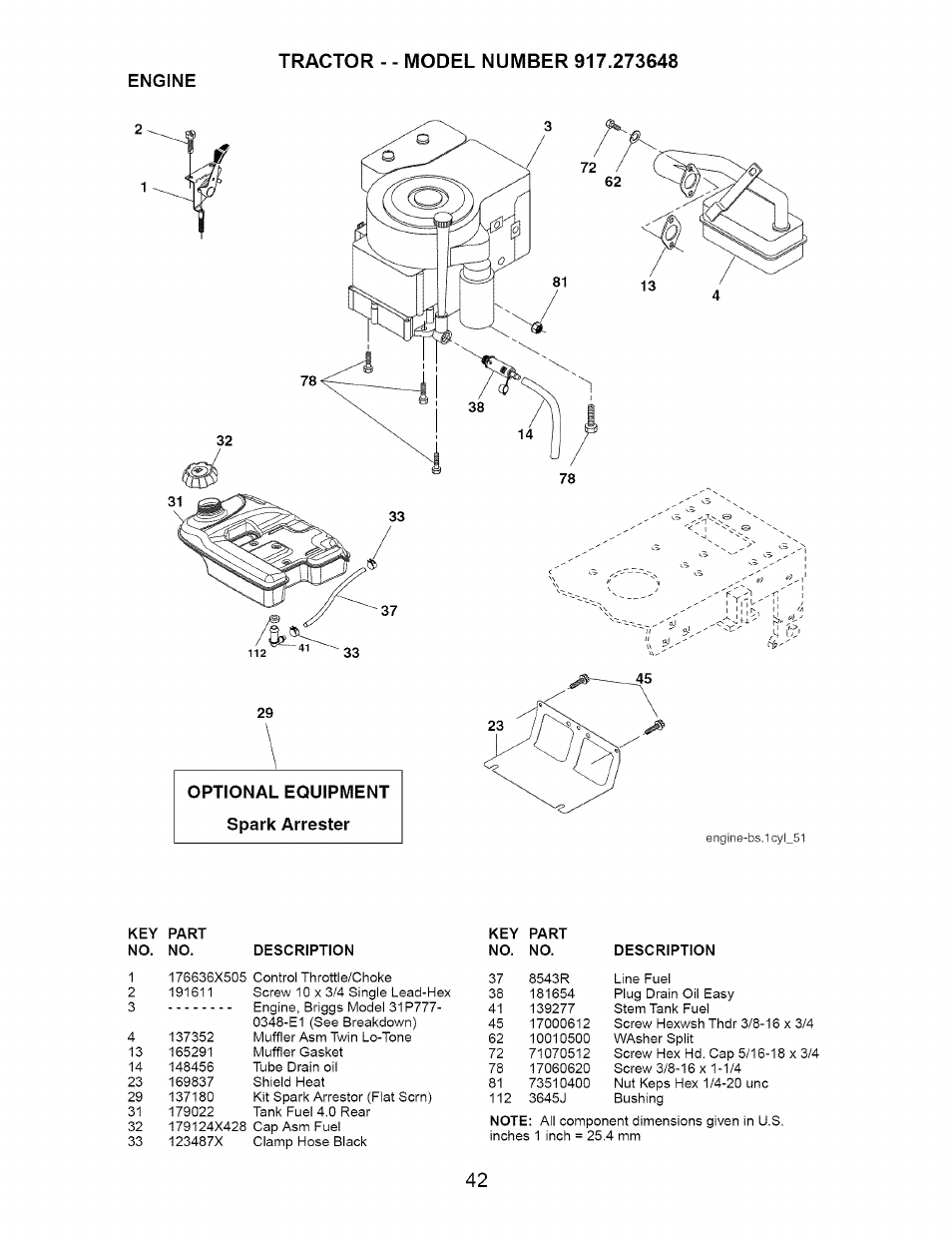 Engine, Optional equipment, Optional equipment spark arrester | Craftsman 917.273648 User Manual | Page 42 / 56
