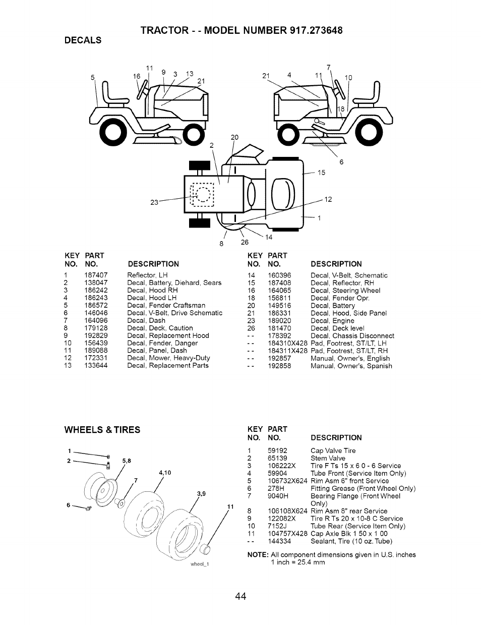 Decals, Wheels &tires | Craftsman 917.273648 User Manual | Page 44 / 56