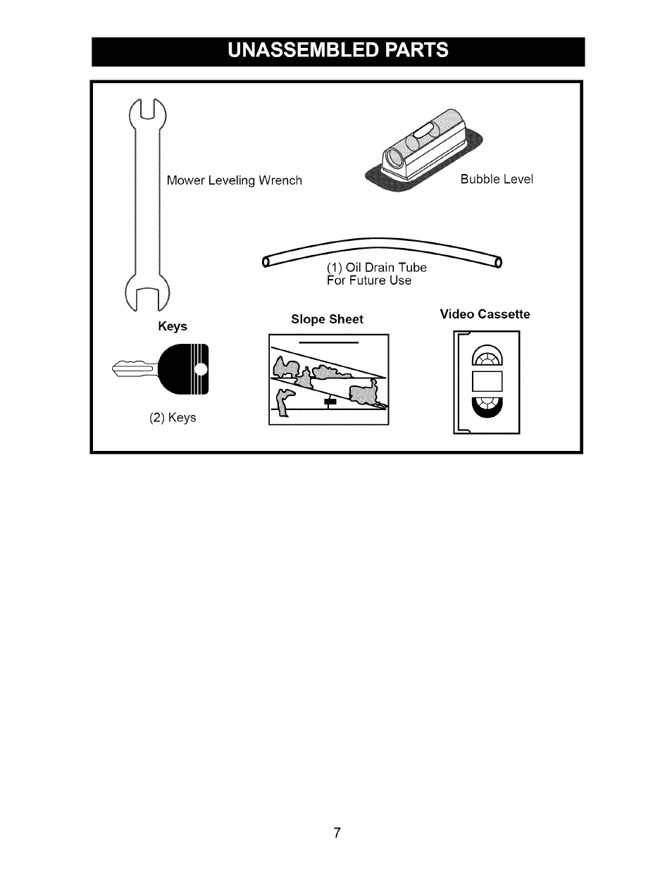 Unassembled parts, Video cassette | Craftsman 917.273648 User Manual | Page 7 / 56