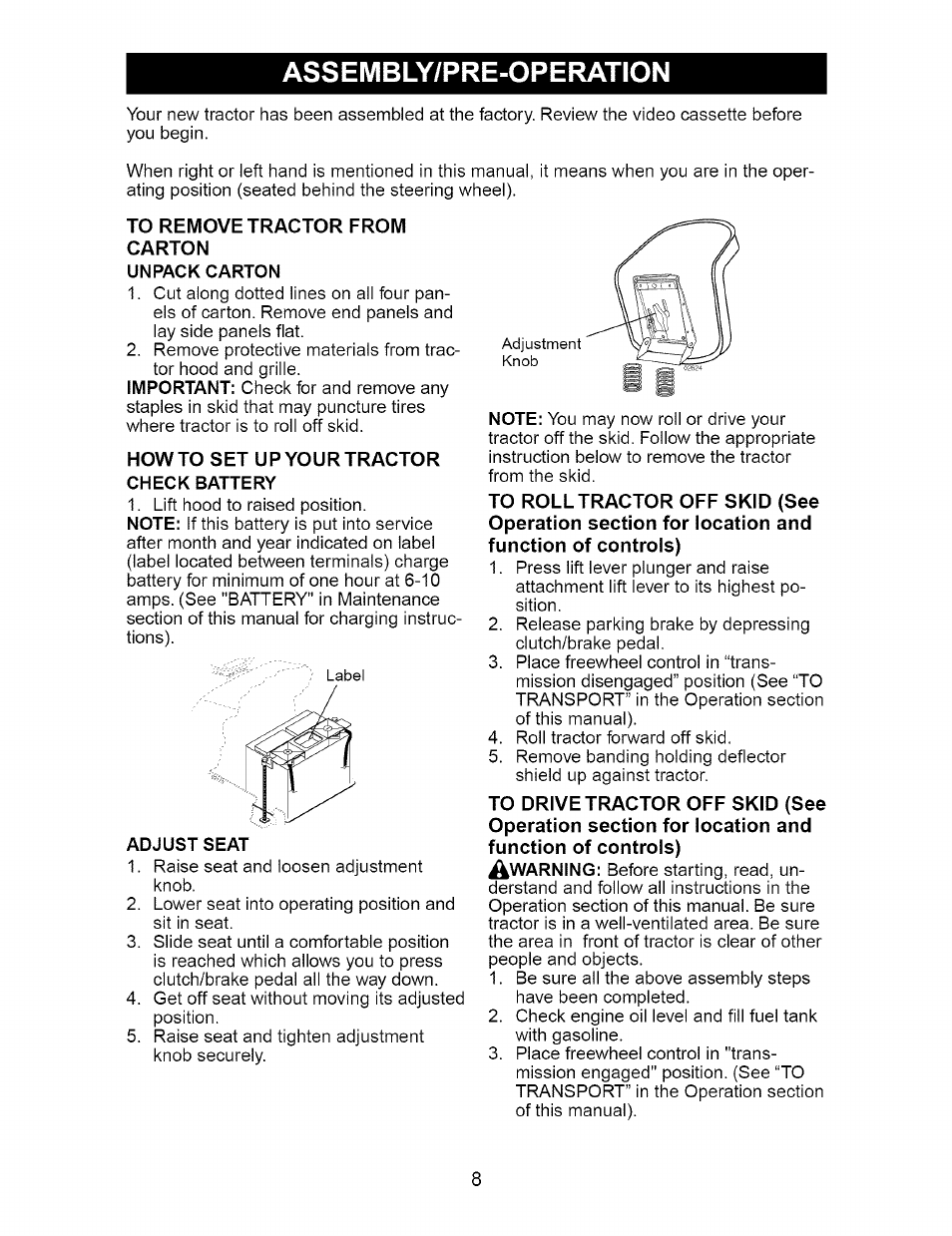 Assembly/pre-operation, Unpack carton, Adjust seat | Craftsman 917.273648 User Manual | Page 8 / 56