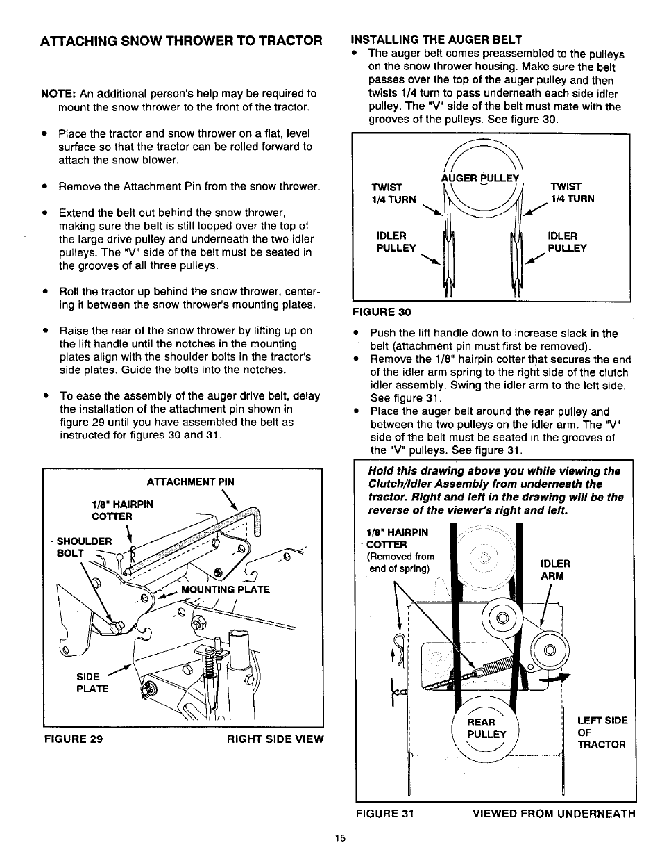 Installing the auger belt, Attaching snow thrower to tractor | Craftsman 486.24839 User Manual | Page 15 / 28