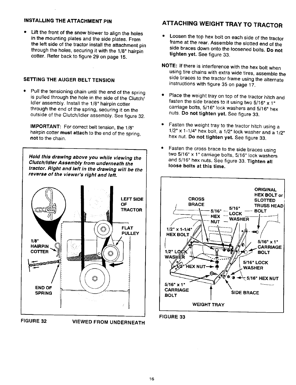 Setting the auger belt tension, Viewed from underneath, Attaching weight tray to tractor | Craftsman 486.24839 User Manual | Page 16 / 28