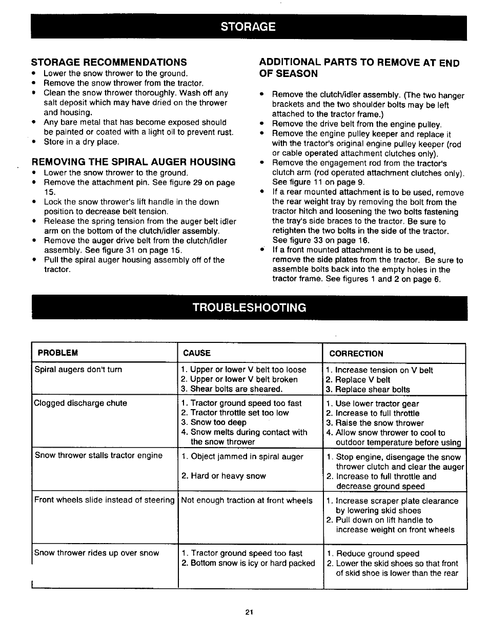 Storage recommendations, Removing the spiral auger housing, Additional parts to remove at end of season | Troubleshooting | Craftsman 486.24839 User Manual | Page 21 / 28