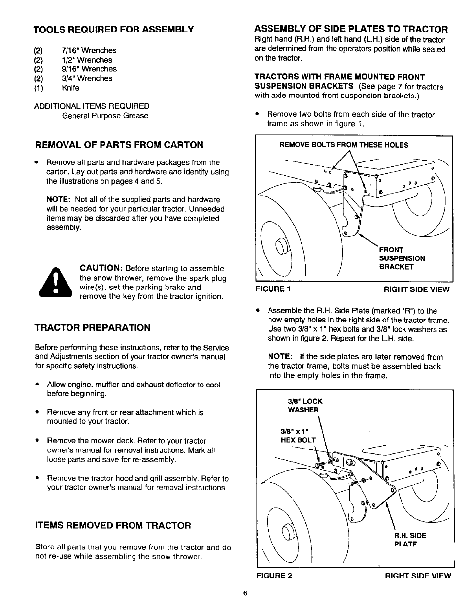 Tools required for assembly, Removal of parts from carton, Tractor preparation | Items removed from tractor, Assembly of side plates to tractor | Craftsman 486.24839 User Manual | Page 6 / 28