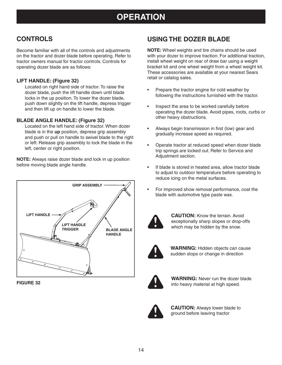 Operation, Controls, Using the dozer blade | Craftsman 486.24414 User Manual | Page 14 / 20