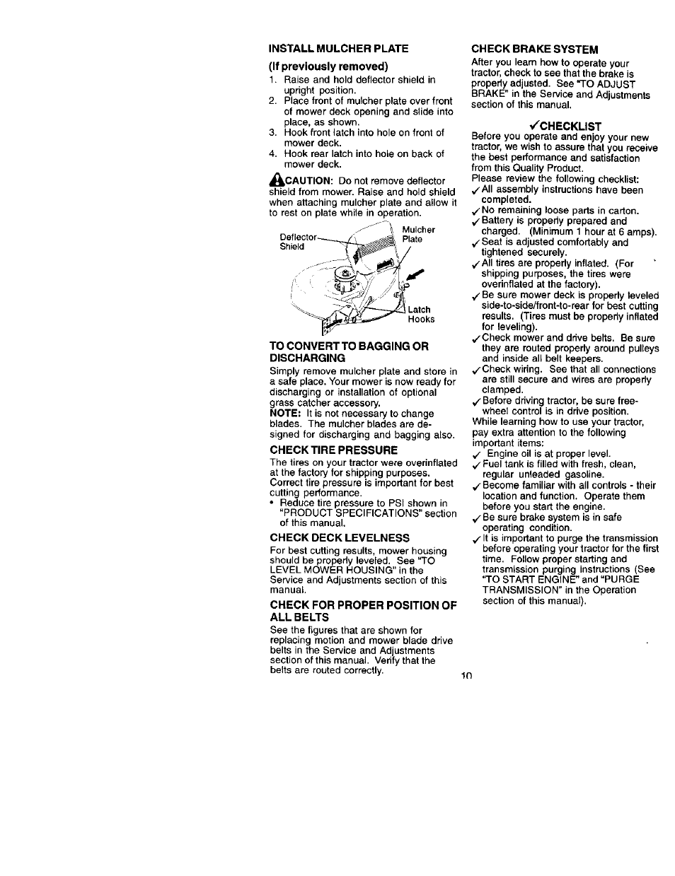 Install mulcher plate, If previously removed), To convert to bagging or discharging | Check tire pressure, Check deck levelness, Check for proper position of all belts, Check brake system, V^checklist | Craftsman 917.272420 User Manual | Page 10 / 64