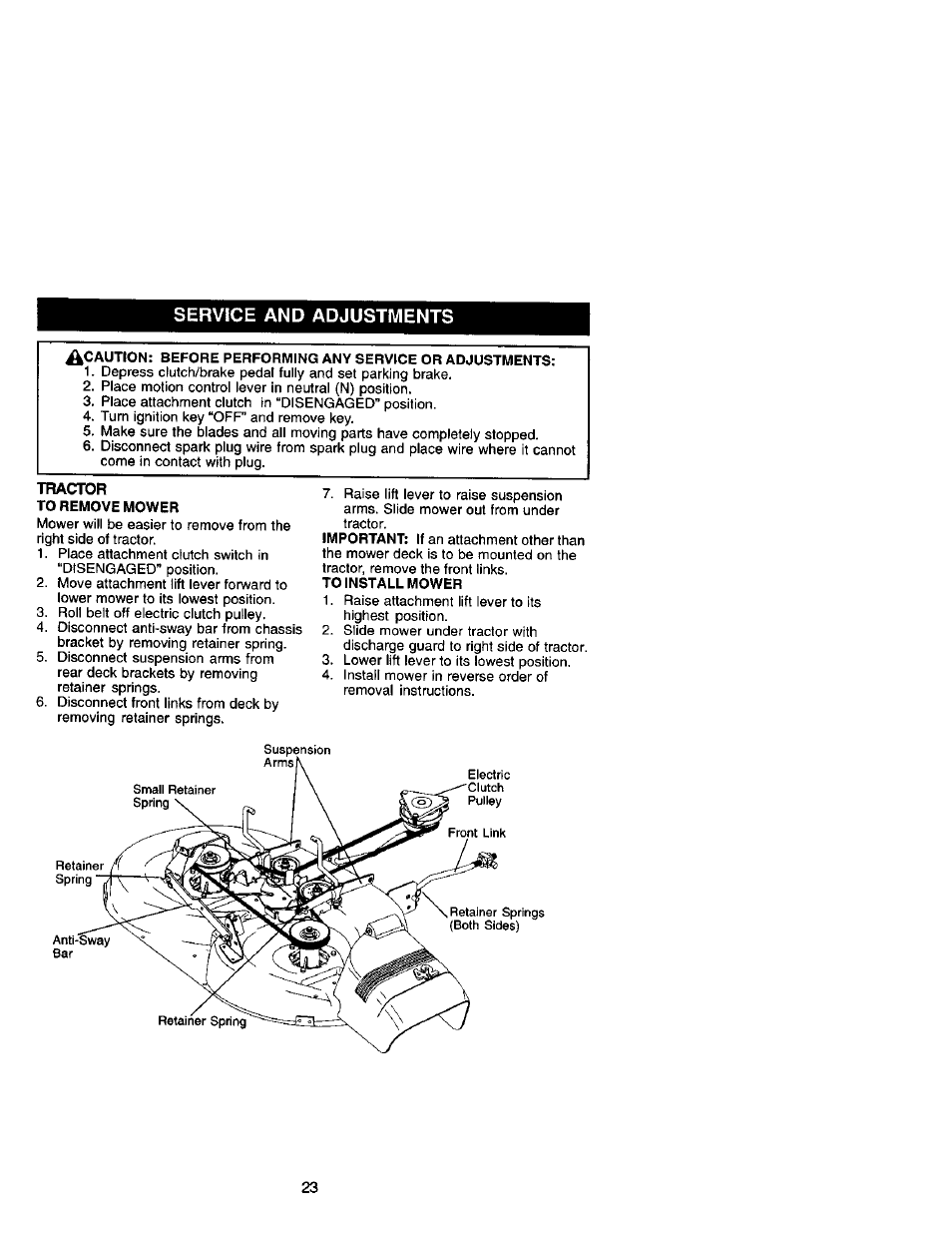 Service and adjustments, Tractor | Craftsman 917.272420 User Manual | Page 23 / 64