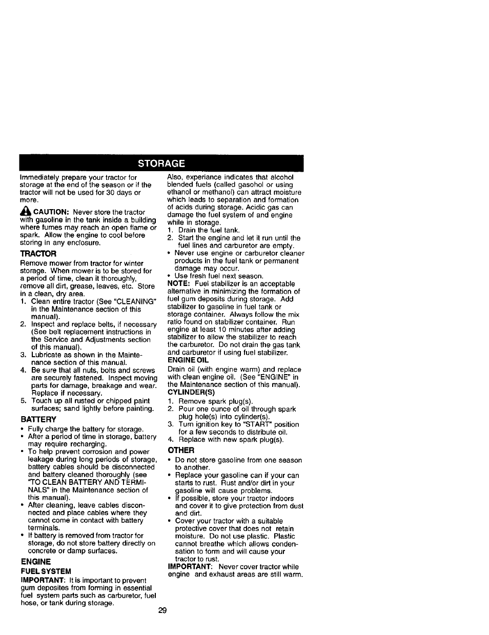 Storage, Tractor, Battery | Engine, Other | Craftsman 917.272420 User Manual | Page 29 / 64