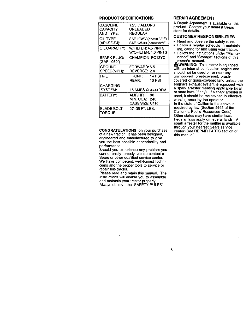 Product specifications, Repair agreement, Customer responsibilities | Craftsman 917.272420 User Manual | Page 6 / 64