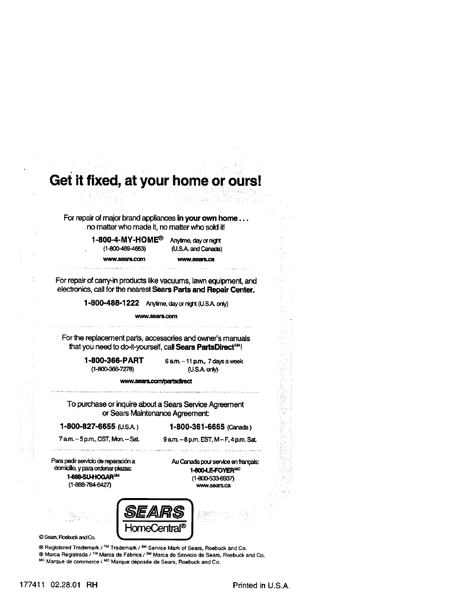 Get it fixed, at your home or ours, Homecentral | Craftsman 917.272420 User Manual | Page 64 / 64