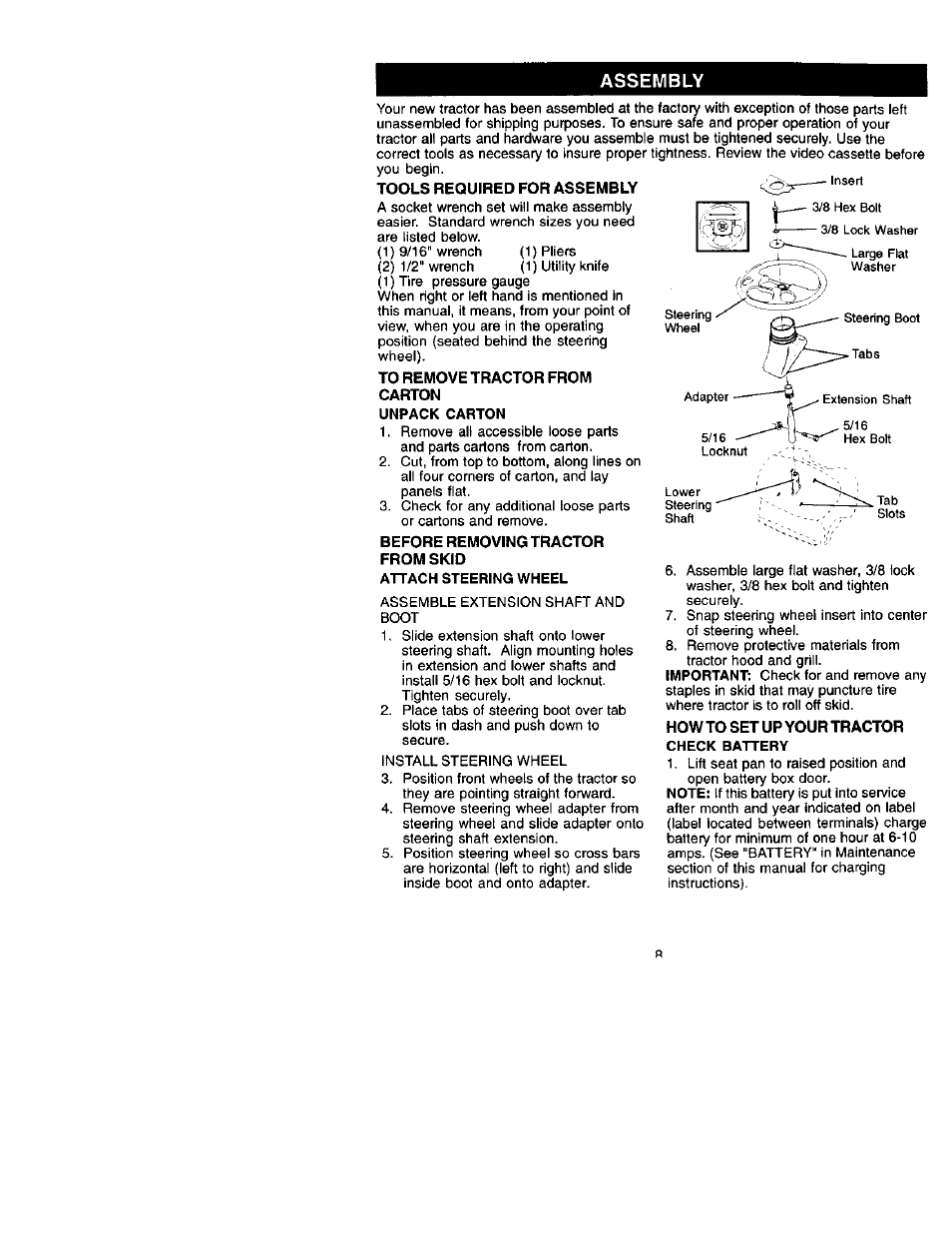 Assembly, Tools required for assembly, To remove tractor from carton | Before removing tractor from skid | Craftsman 917.272420 User Manual | Page 8 / 64