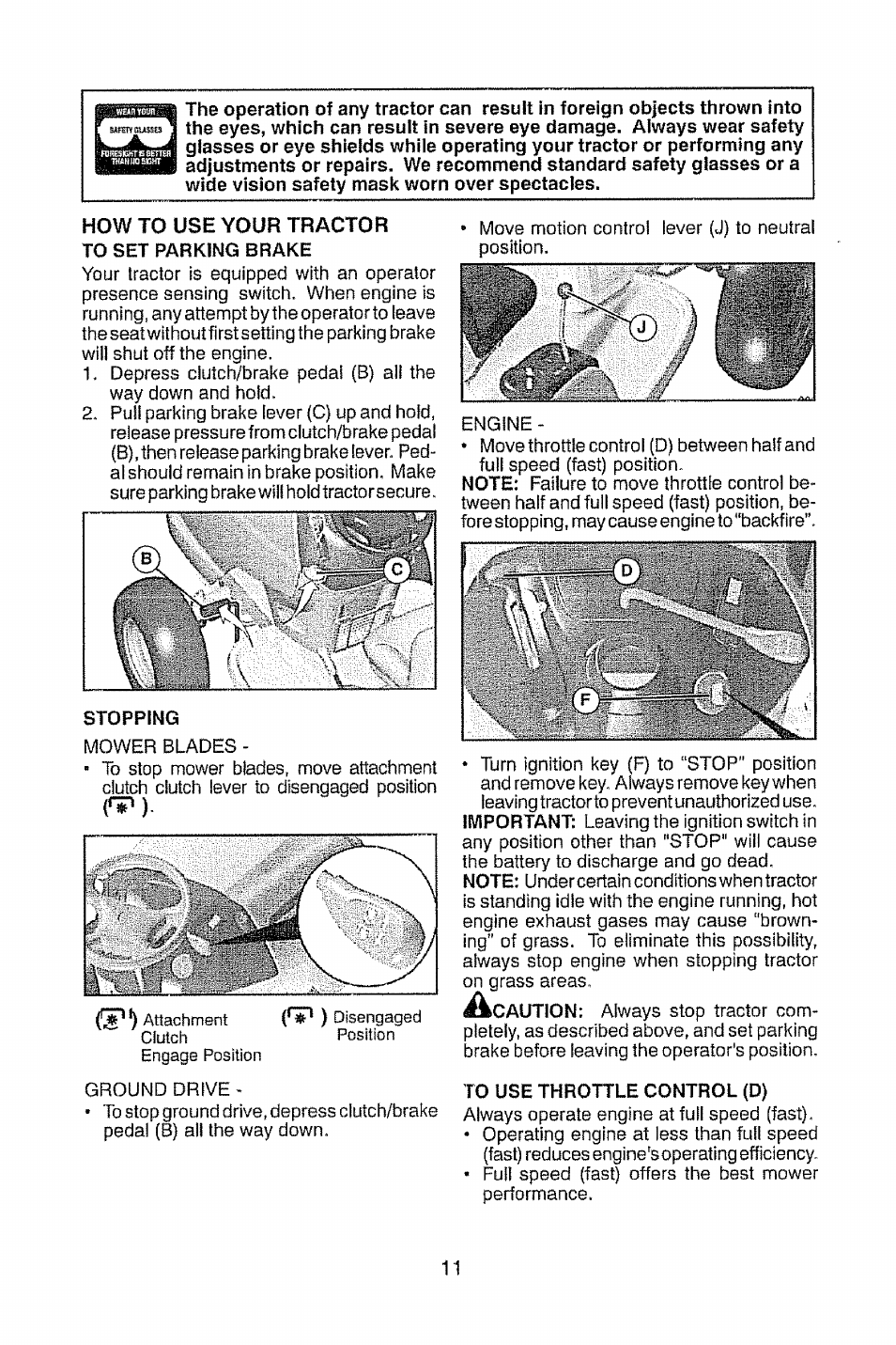 How to use your tractor to set parking brake, Stopping, To use throttle control (d) | Craftsman 917.28914 User Manual | Page 11 / 64