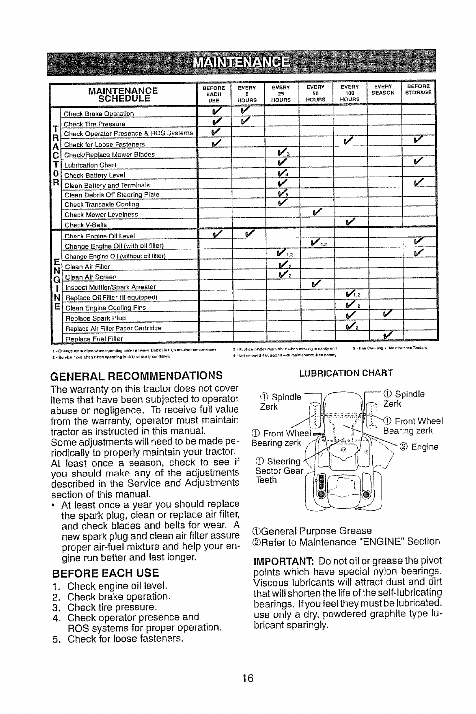 General recommendations, Before each use, Maintenanc | Maintenance schedule, Ra c, E n g | Craftsman 917.28914 User Manual | Page 16 / 64